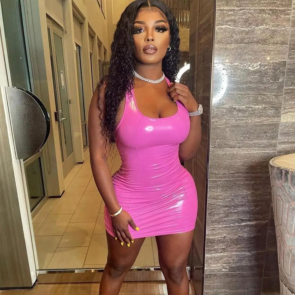 Pink Sleeveless Slim Dress Skinny Sexy Women Fashion Bodycon Leather Sundress Graduation Halloween Party Backless Corset Dress (🚚 Livraison rapide en 8 à 12 jours ouvrés depuis la France ) FelizShop