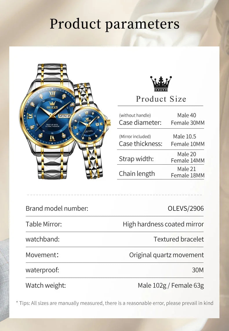 Montres Couple OLEVS 2906 – Montre Homme & Femme Quartz Luxe Étanche Acier FelizShop
