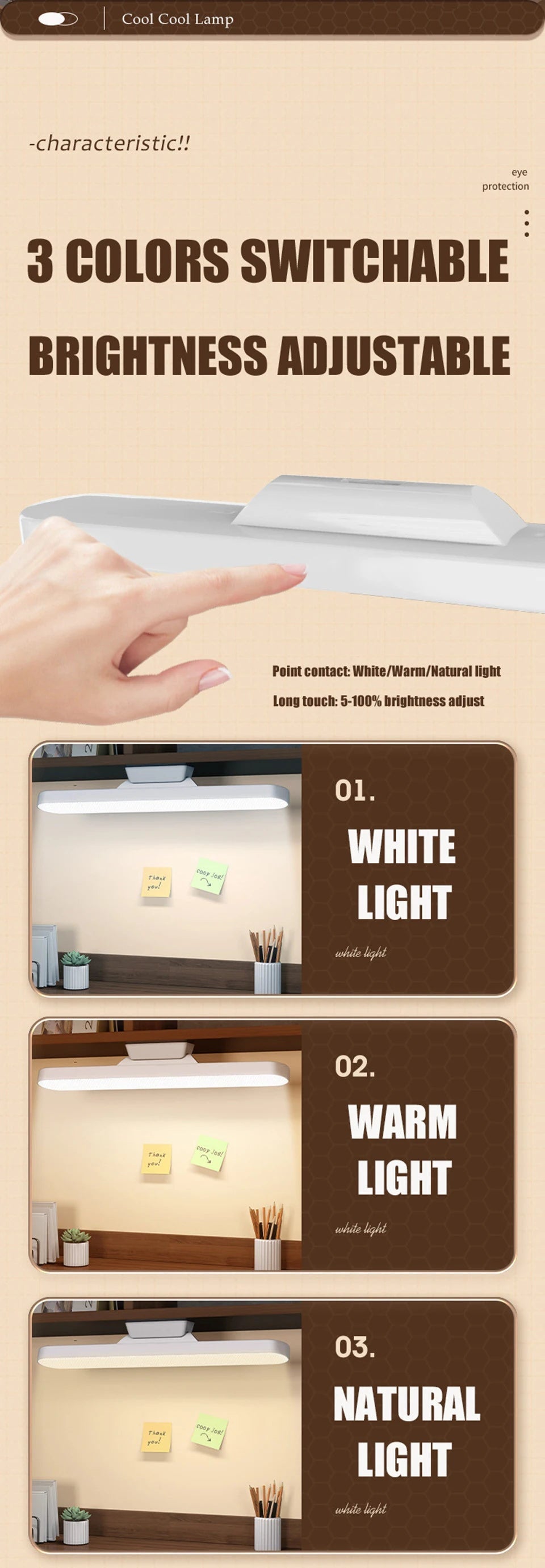 LED Table Lamp Magnetic Hanging USB Rechargeable Desk Lamp 3 Color Reading Light Dimmable Cabinet Closet Wardrobe Night Light 🚚 Livraison rapide en 8 à 12 jours ouvrés depuis la France FelizShop