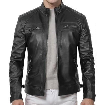 Men's Black Faux Leather Biker Jacket - Slim Fit Vintage Style Motorcycle PU Leather Jacket FelizShop
