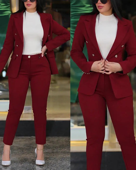 Women Two Piece Sets Pant Suits Turn Down Collar Blazer Coats Straight Long Pants Suits Slim Fit Casual Autumn Elegant Work FelizShop