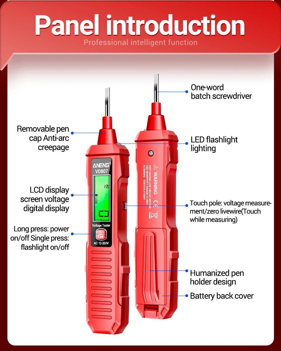 ANENG VD807 – Stylo testeur électrique intelligent à induction, capteur NCV sans contact, détecteur de tension AC 12–300V, fréquence 50/60Hz. Outil portable de détection de fils électriques.🚚Livraison gratuite ra FelizShop