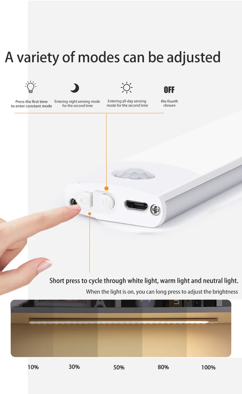 LED Cabinet Light USB Type-C Rechargeable Motion Sensor Led Lamp for Kitchen Wardrobe Cabinet Lighting 20cm/30cm/40cm/50cm/60cm 🚚 Livraison rapide en 8 à 12 jours ouvrés depuis la France FelizShop