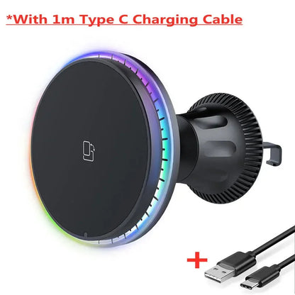 Chargeur sans fil magnétique pour voiture 30W RGB — Compatible iPhone 12, 13, 14, 15 Pro Max (MagSafe), support de téléphone voiture avec fixation, station de charge rapide 🚚 Livraison rapide en 8 à 12 jours ouvrés FelizShop