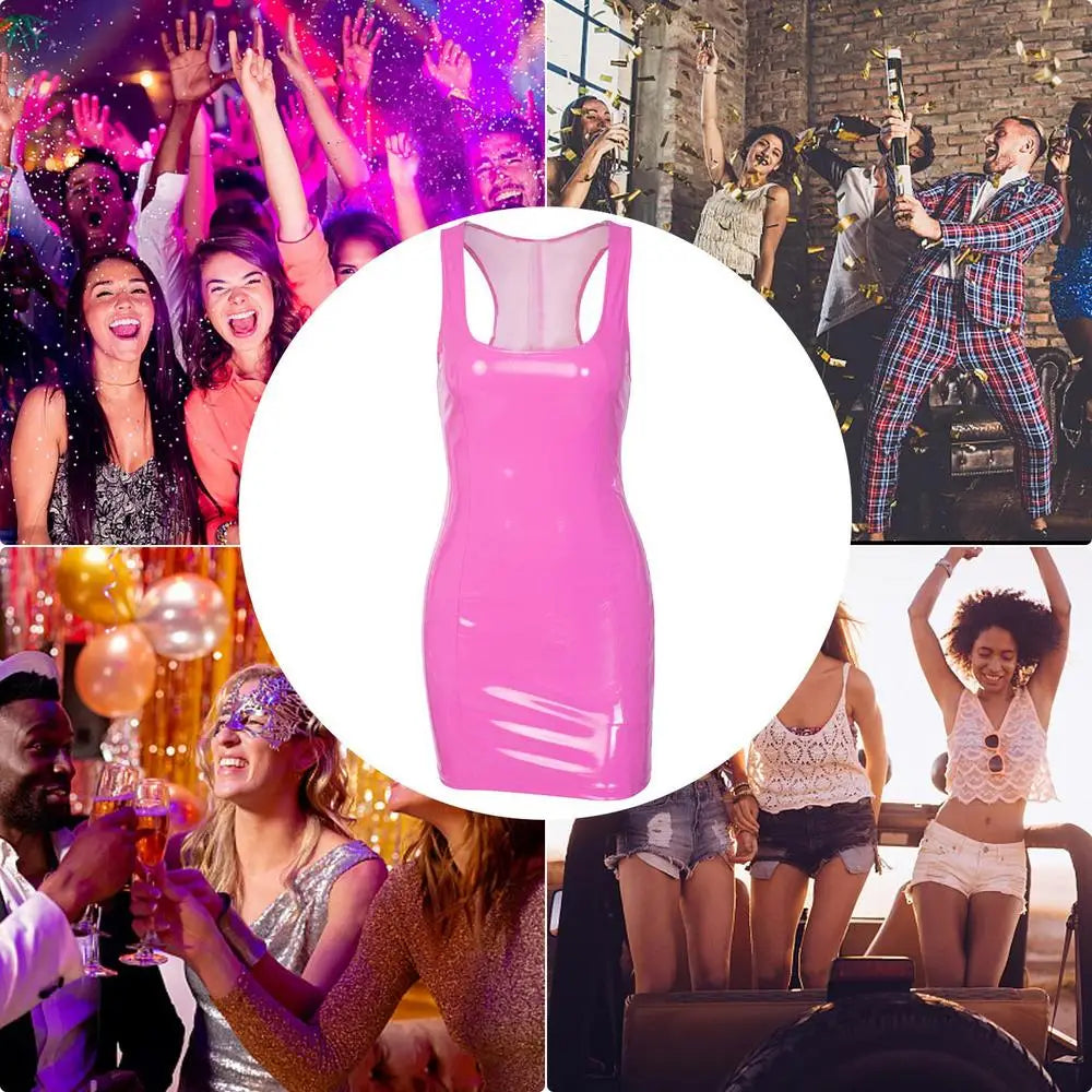 Pink Sleeveless Slim Dress Skinny Sexy Women Fashion Bodycon Leather Sundress Graduation Halloween Party Backless Corset Dress (🚚 Livraison rapide en 8 à 12 jours ouvrés depuis la France ) FelizShop