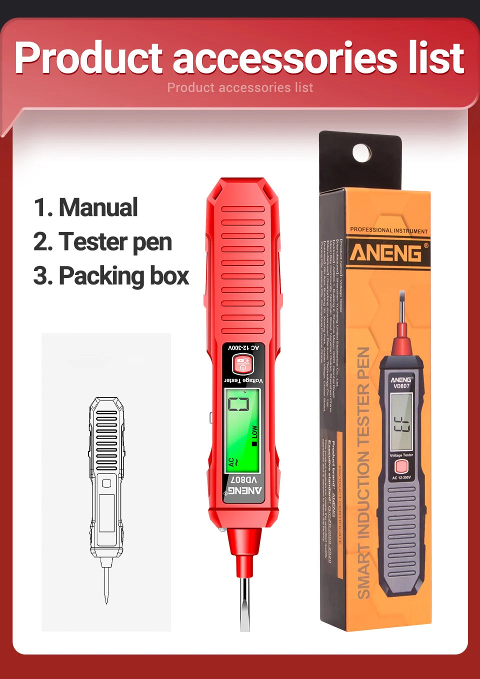 ANENG VD807 – Stylo testeur électrique intelligent à induction, capteur NCV sans contact, détecteur de tension AC 12–300V, fréquence 50/60Hz. Outil portable de détection de fils électriques.🚚Livraison gratuite ra FelizShop