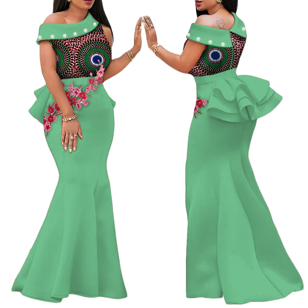 Robe Africaine Femme – Longue Robe Wax Élégante avec Perles FelizShop