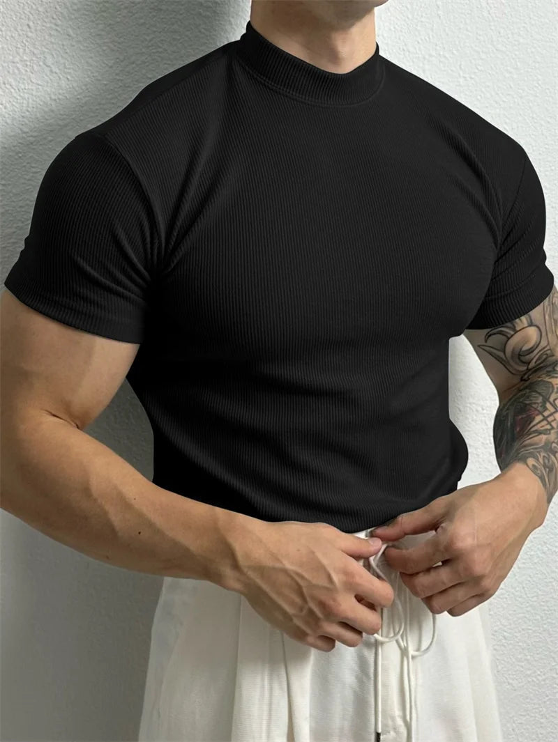 T-shirt homme printemps-été — Petit col montant, rayé — Manches courtes — Haut fitness décontracté — T-shirt sport pour homme — Sportswear🚚 Livraison rapide en 8 à 12 jours ouvrés depuis la France FelizShop