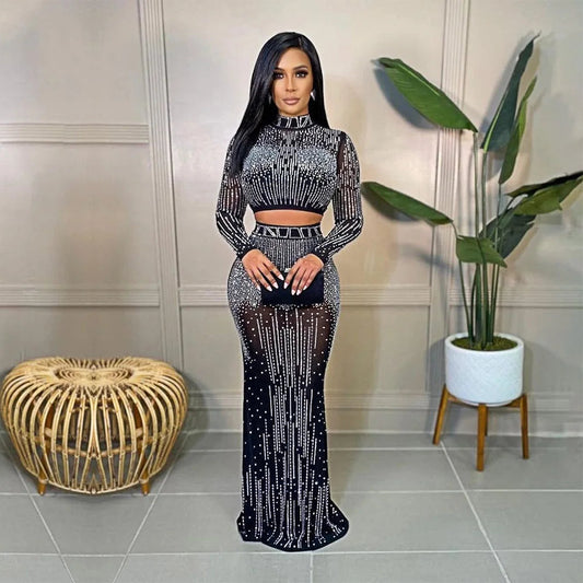 Robe transparente sexy avec strass argentés, chaînes, perles – Robe de soirée ou d’anniversaire brillante, style robe de bal. Ensemble jupe et haut scintillant.🚚Livraison gratuite rapide et sécurisé FR FelizShop
