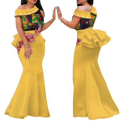 Robe Africaine Femme – Longue Robe Wax Élégante avec Perles FelizShop