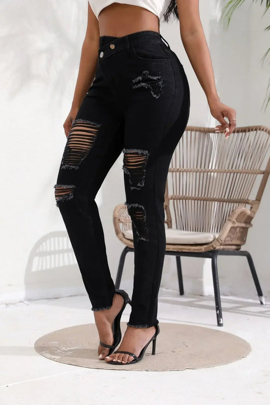 Women Jeans Denim pant High Waist Pencil Pants Holes Slim Fit Pockets Sexy Streetwear Solid Sheath Distressed Ankle Length 2025 FelizShop