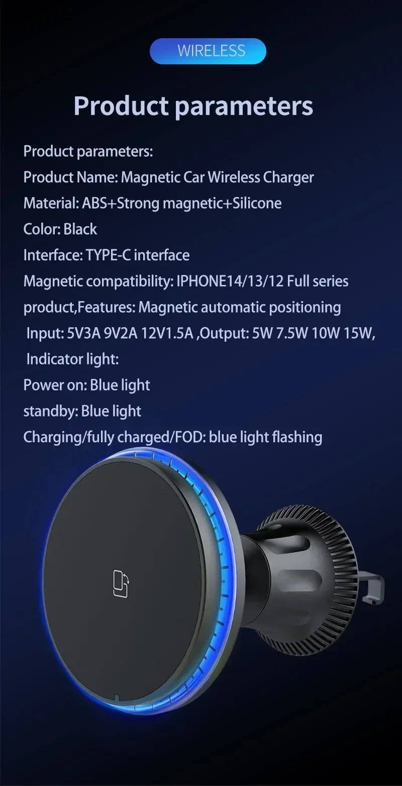 Chargeur sans fil magnétique pour voiture 30W RGB — Compatible iPhone 12, 13, 14, 15 Pro Max (MagSafe), support de téléphone voiture avec fixation, station de charge rapide 🚚 Livraison rapide en 8 à 12 jours ouvrés FelizShop