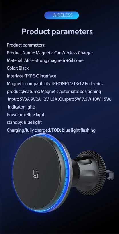 Chargeur sans fil magnétique pour voiture 30W RGB — Compatible iPhone 12, 13, 14, 15 Pro Max (MagSafe), support de téléphone voiture avec fixation, station de charge rapide 🚚 Livraison rapide en 8 à 12 jours ouvrés FelizShop