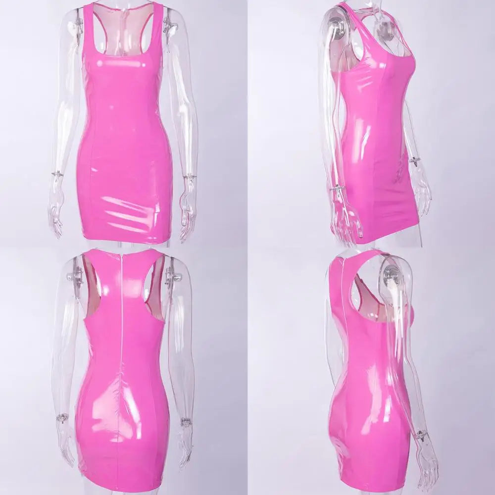 Pink Sleeveless Slim Dress Skinny Sexy Women Fashion Bodycon Leather Sundress Graduation Halloween Party Backless Corset Dress (🚚 Livraison rapide en 8 à 12 jours ouvrés depuis la France ) FelizShop