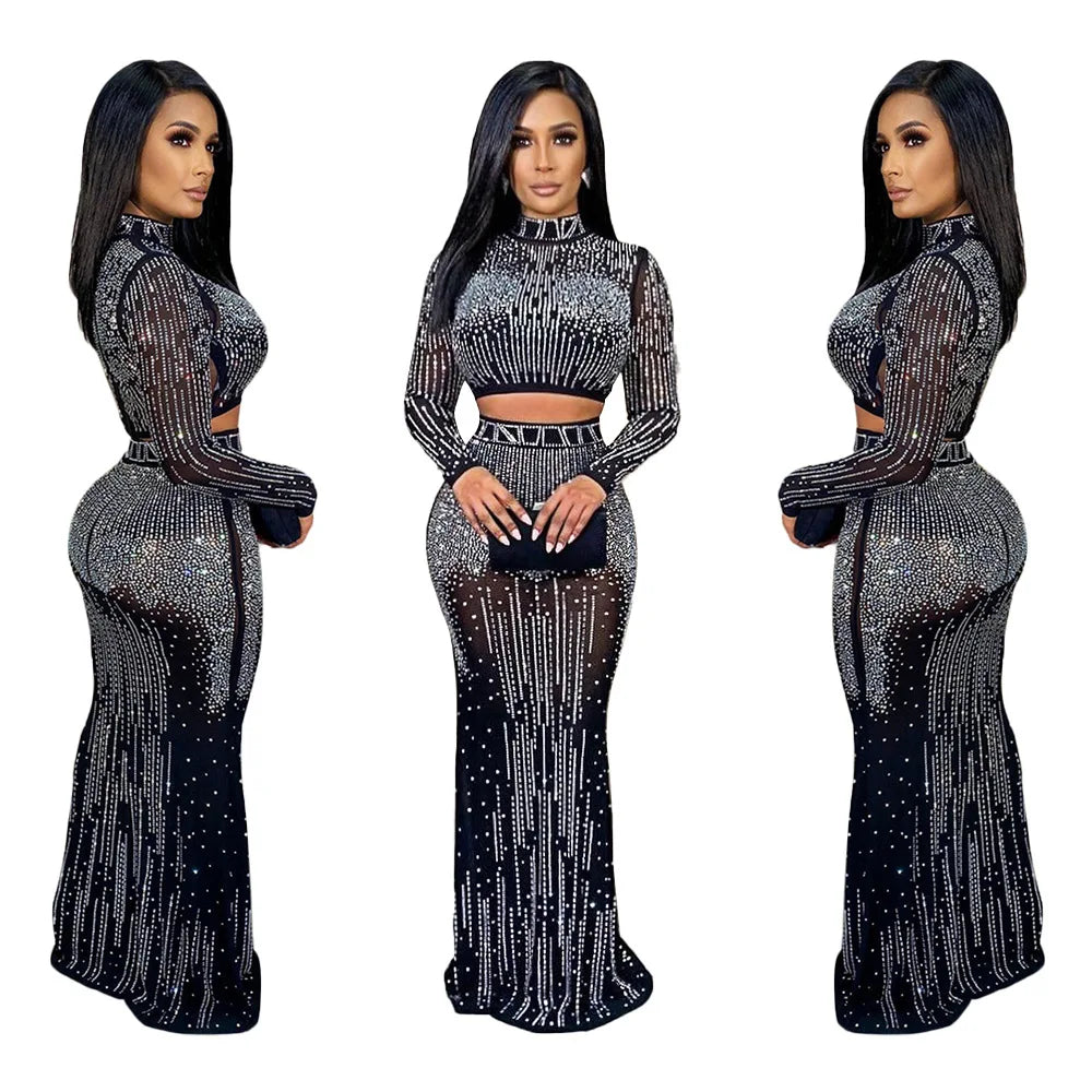 Robe transparente sexy avec strass argentés, chaînes, perles – Robe de soirée ou d’anniversaire brillante, style robe de bal. Ensemble jupe et haut scintillant.🚚Livraison gratuite rapide et sécurisé FR FelizShop