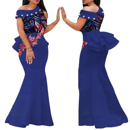 Robe Africaine Femme – Longue Robe Wax Élégante avec Perles FelizShop