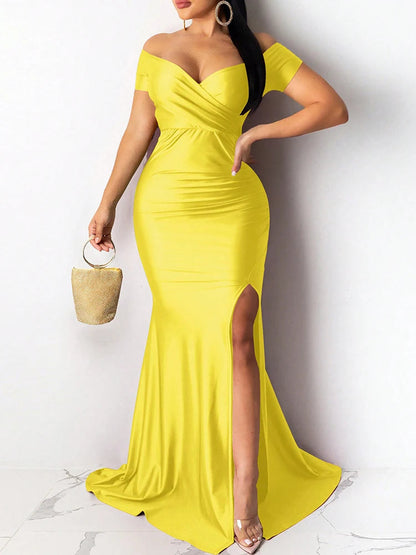 Robe de soirée fendue classique pour femme – Robe longue unie avec manches, élégante pour mariage, demoiselle d'honneur ou soirée. Collection 2025.🚚Livraison gratuite rapide et sécurisé FR FelizShop