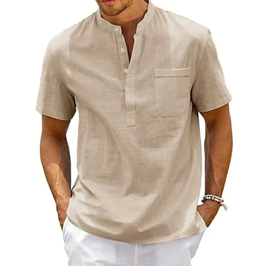 Cotton Linen Shirt Men Henley Neck Pocket Casual Beach Short Sleeve Solid Color Male Tops T-shirts Vintage Streetwear 🚚 Livraison rapide en 8 à 12 jours ouvrés depuis la France FelizShop