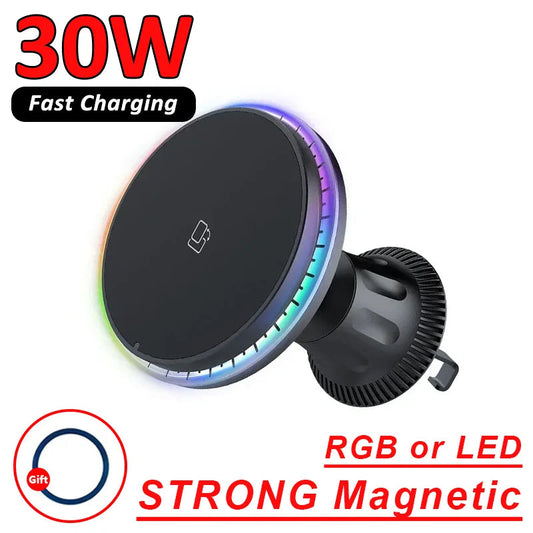 Chargeur sans fil magnétique pour voiture 30W RGB — Compatible iPhone 12, 13, 14, 15 Pro Max (MagSafe), support de téléphone voiture avec fixation, station de charge rapide 🚚 Livraison rapide en 8 à 12 jours ouvrés FelizShop
